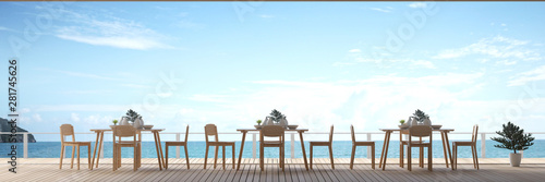 3D Rendering : illustration of dining room interior. dinner or lunch table set in restaurant of beach resort or hotel. luxury lifestyle foodcourt. sea view eating dining room. daylight. summer travel