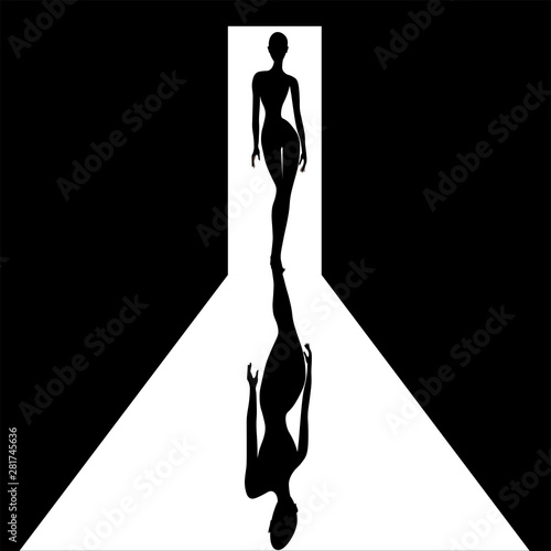 Silhouette of a young girl with a beautiful and slim figure in a doorway is featured in a minimalist fashion