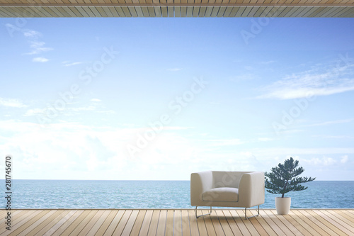 3D Rendering : illustration of soft couch armchair in wide window glass view living room interior. sea view living room. modern cosy wooden tile building room. rest area of family.