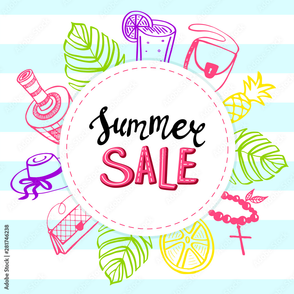 Naklejka premium Summer sale, banner template with lettering. Accessories for women. Seasonal discounts and total sale. Jewelry, perfume, wear, bags and woman stuff. Fashion theme. Stock vector illustration