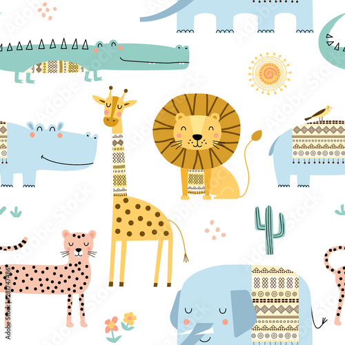 Fototapeta Naklejka Na Ścianę i Meble - Seamless childish pattern with cute African animals. Scandinavian style kids texture for fabric, wrapping, textile. Vector illustration.
