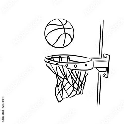 Basketball basket shot, hoop, game, Line art vector illustration.