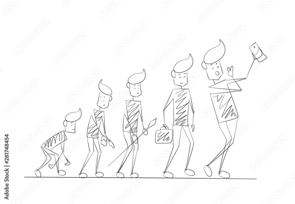 Human life cycle at different centuries, Cartoon Line Art Vector