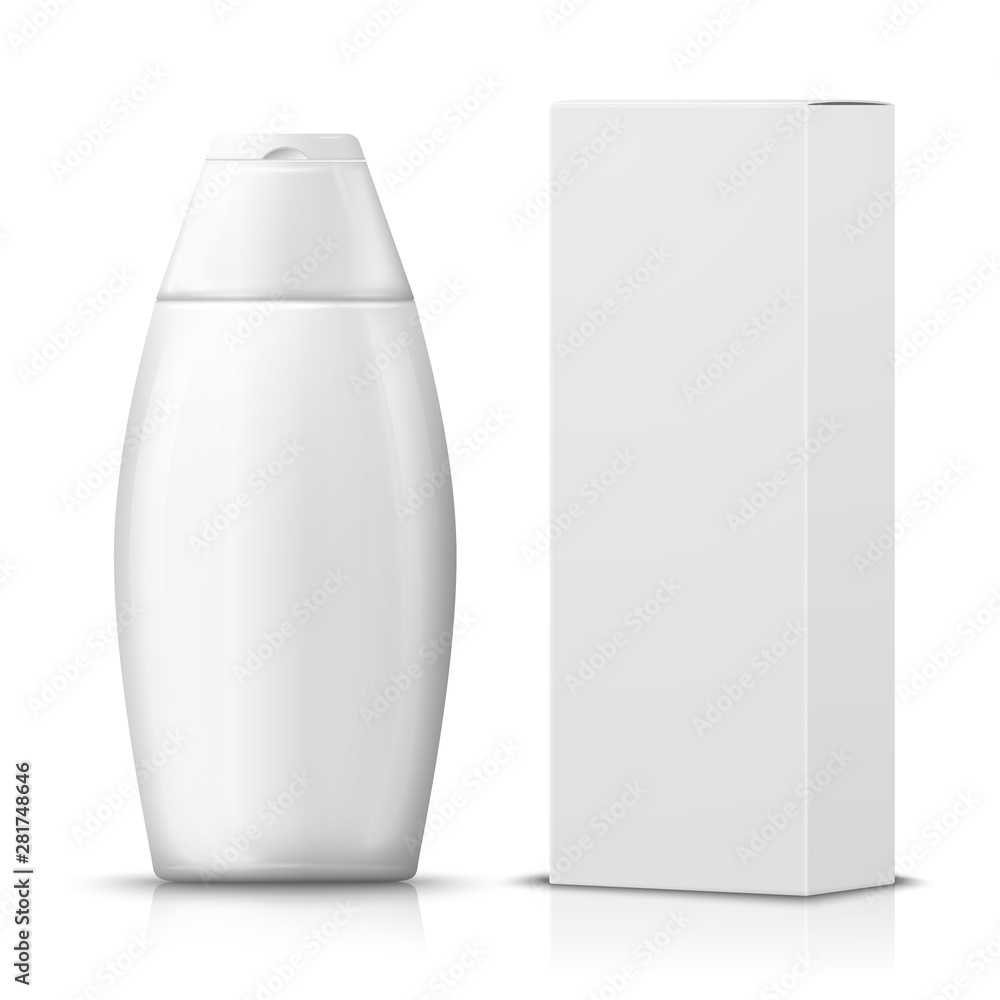 Vector 3d realistic shampoo bottle with paper box on white background with reflection. Mock-up for product package branding. Vector 3d realistic shampoo bottle with paper box on white background with reflection. Mock-up for product package branding.