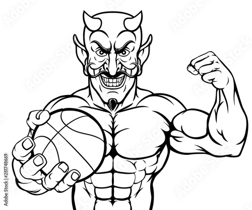 A devil Satan basketball sports mascot cartoon character man holding a ball