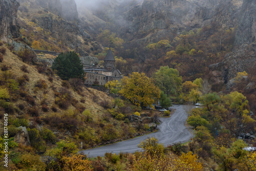 The unique architectural structure of the monastery complex Geghard, Located in the gorge of the mountain river Goght, the right tributary of the Azat river, about 40 km south-east of Yerevan. photo