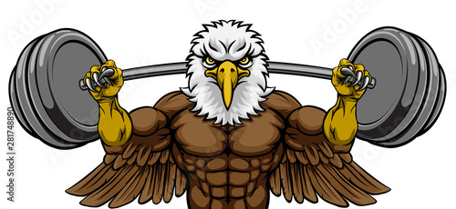 Obraz na plátne An eagle animal body builder sports mascot weight lifting a barbell