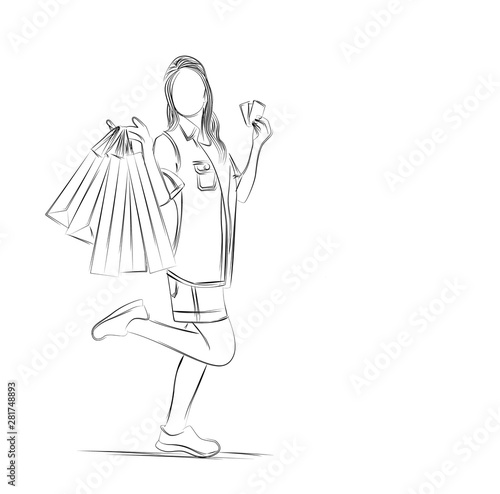 Fashion girl with shopping bag. Flat line art Vector illustration.