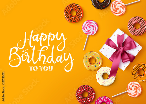 Happy birthday vector background greeting card design. Happy birthday typography with empty space for text and message and colorful donuts, candies and gift  in elegant concept. Vector illustration.