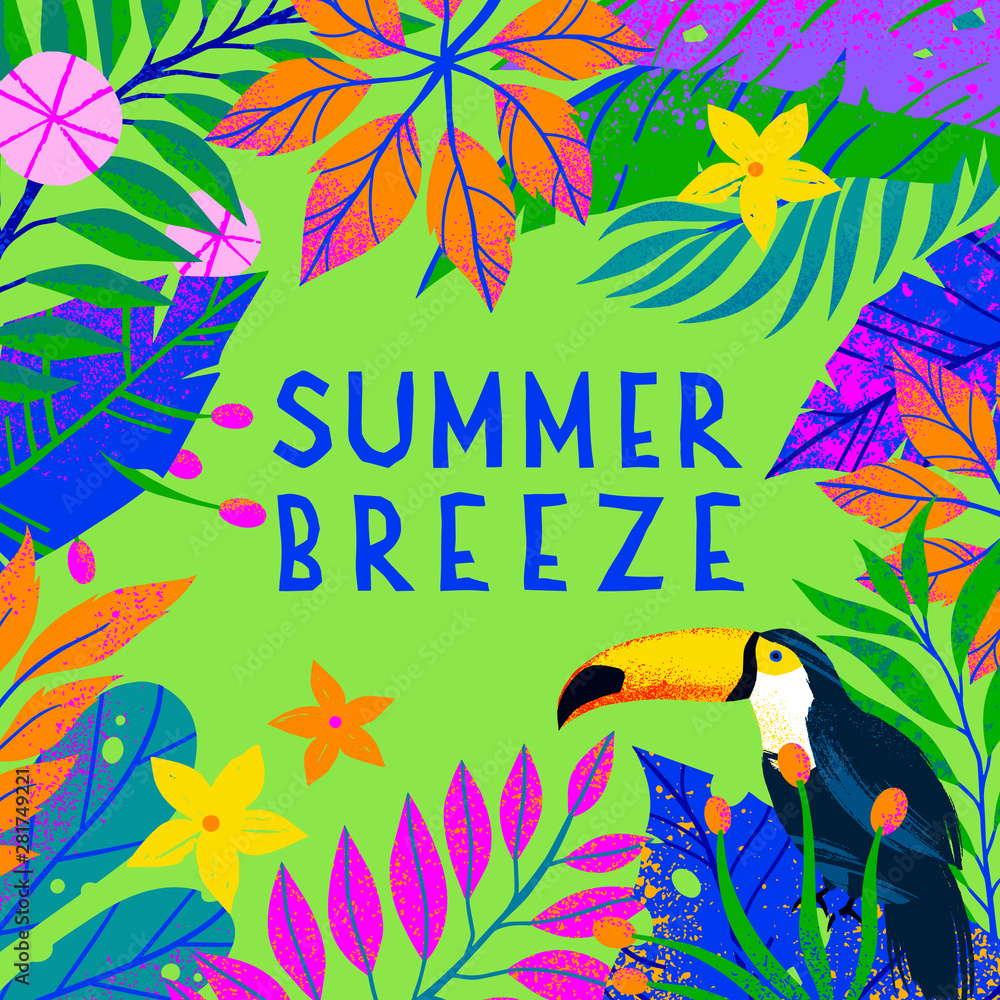 Fototapeta premium Summer vector illustration with bright tropical leaves,flowers and toucan.Multicolor plants with hand drawn texture.Exotic background perfect for prints,flyers,banners,invitations,social media.