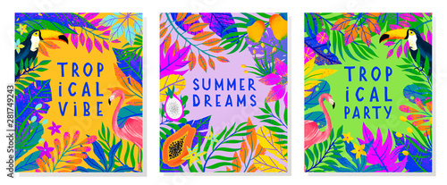 Set of summer vector illustration with bright tropical leaves,flamingo,toucan and exotic fruits.Multicolor plants.Exotic backgrounds perfect for prints,flyers,banners,invitations,social media.