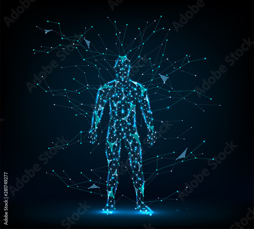 Human body low poly wireframe. Man abstract. Vector illustration in the form of a starry sky or space. Particle explosion.