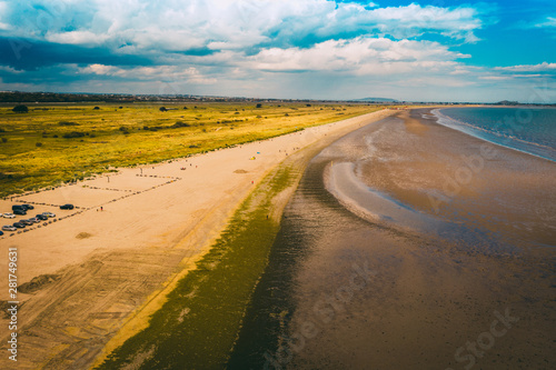  Aerial drone views Irish beach Bull Island, Dublin, Ireland. Irish landscape background. 