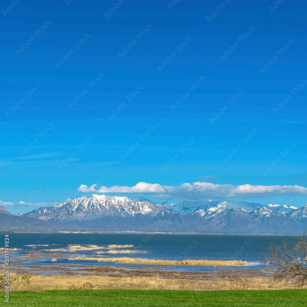 Grassy terrain with view of lake and snowy mountain under blue sky on sunny day