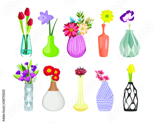 Set of colored vases with blooming flowers for decoration and interior. Tulip, gerbera, iris, apple tree branch, bouquets. Vector illustration