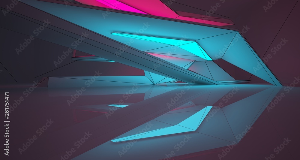 Abstract architectural drawing white interior of a minimalist house with color gradient neon lighting. 3D illustration and rendering. Abstract architectural drawing white interior of a minimalist house with color gradient neon lighting. 3D illustration and rendering.