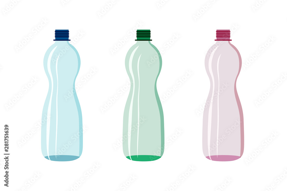 Plastic bottle vector water lemonade set pink green blue 1.5 litter volume isolated on white background Plastic bottle vector water lemonade set pink green blue 1.5 litter volume isolated on white background