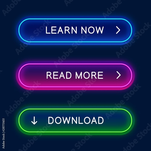 Vector neon button for web design, app, game and interface. Neon buttons, elements for web design.