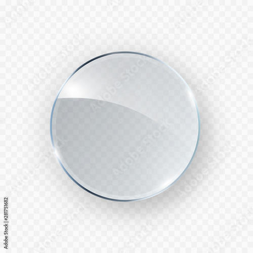 Glass, acrylic or plastic circle badge isolated on transparent background. Reflection 3d button, glare mirror. Vector glossy round icon.
