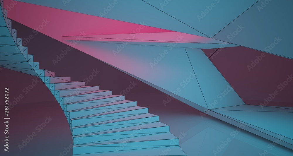 Abstract architectural drawing white interior of a minimalist house with color gradient neon lighting. 3D illustration and rendering.