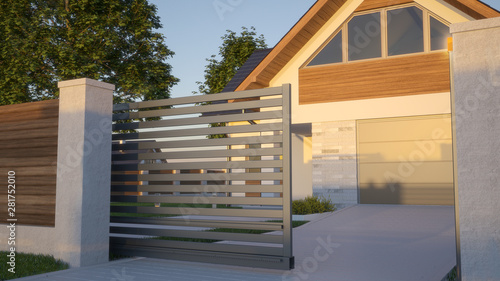 Foto Automatic Sliding Gate and house, 3d illustration