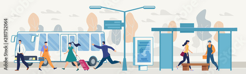 Passengers on City Bus Stop Flat Vector Concept