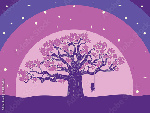 Big tree and girl on swing silhouette © AnnaPa