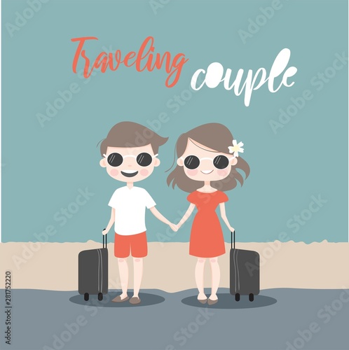 vector of cute couple traveling together on summer holiday