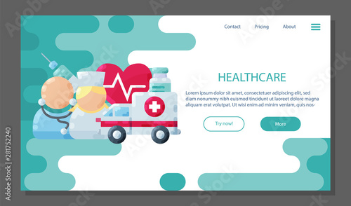 healthcare poster. Medical landing page concept banner icons set. Flat style web symbols