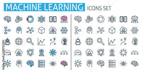Machine learning icons set. For ai brain technology app, digital human, artificial intelligence