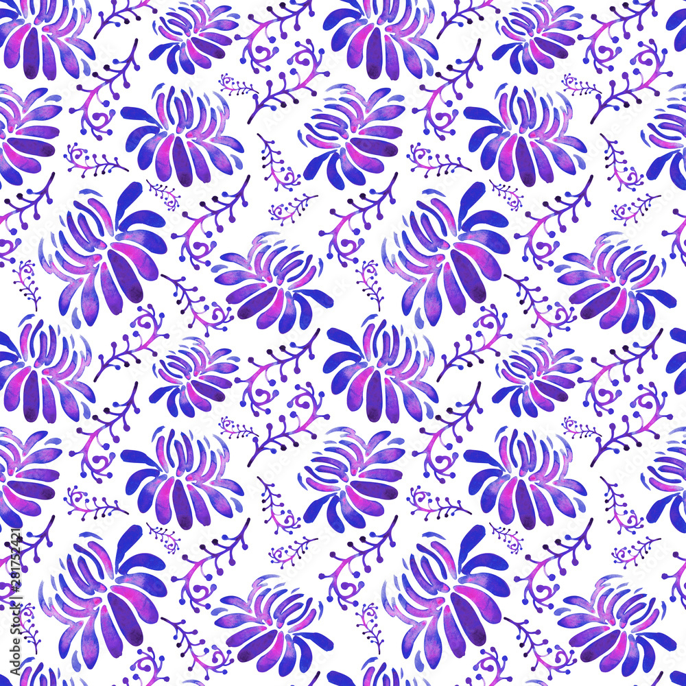 Seamless floral background in watercolor on white background. Blue, purple, purple, Texture in children's style for textiles, Wallpaper, packaging. Bright colorful flowers and herbs in a modern style.