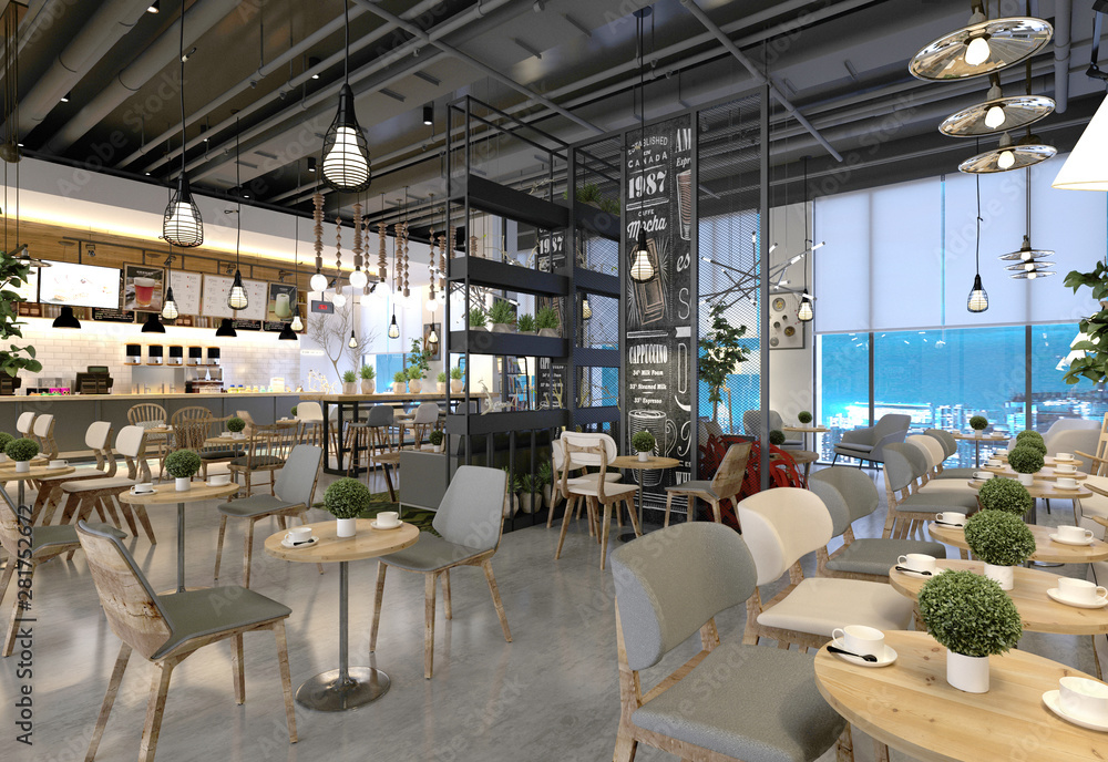 3d render of modern restaurant, cafe interior.