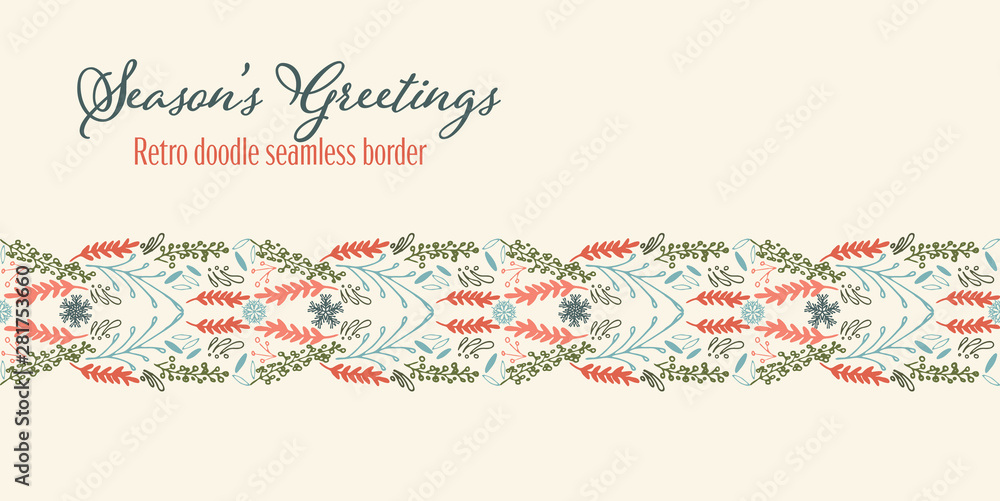 Vector Christmas seamless doodle border in a retro style. Holiday season illustration design.