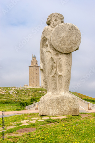 View at the Monument of Celtic King Breogan with Hercules Tower in the background in A Coruna - Spain photo