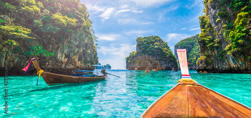Landscape with longtail boat on Loh Samah Bay, Phi Phi island, Thailand