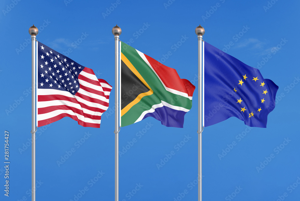 Three colored silky flags in the wind: USA (United States of America), EU (European Union) and South Africa. 3D illustration. Three colored silky flags in the wind: USA (United States of America), EU (European Union) and South Africa. 3D illustration.