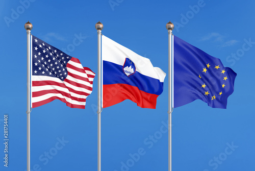 Three colored silky flags in the wind: USA (United States of America), EU (European Union) and Slovenia. 3D illustration.