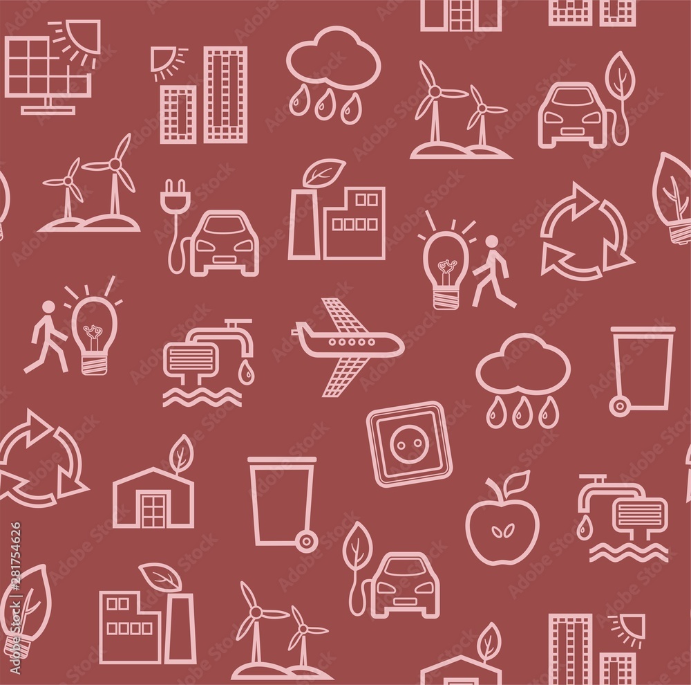 Eco-friendly technology, seamless pattern, dark red, contour drawing, color, vector. Clean energy, fuel and food production. Seamless color background. Future technology. Eco-friendly technology, seamless pattern, dark red, contour drawing, color, vector. Clean energy, fuel and food production. Seamless color background. Future technology.