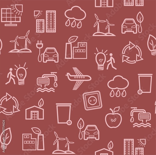 Eco-friendly technology, seamless pattern, dark red, contour drawing, color, vector. Clean energy, fuel and food production. Seamless color background. Future technology. 