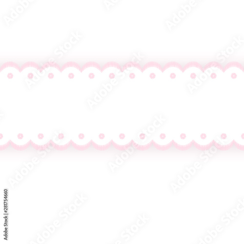 Pink and white scalloped lacy edge embroidery ribbon, seamless pattern, vector