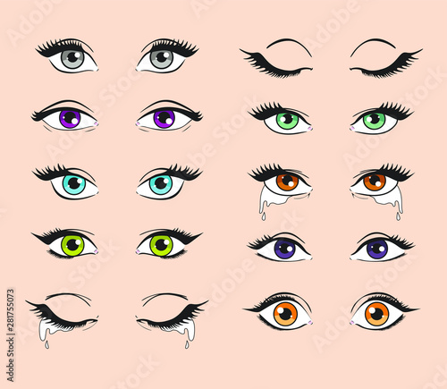 Cartoon female eyes. Colored vector closeup eyes of beautiful women for manga or pop art style