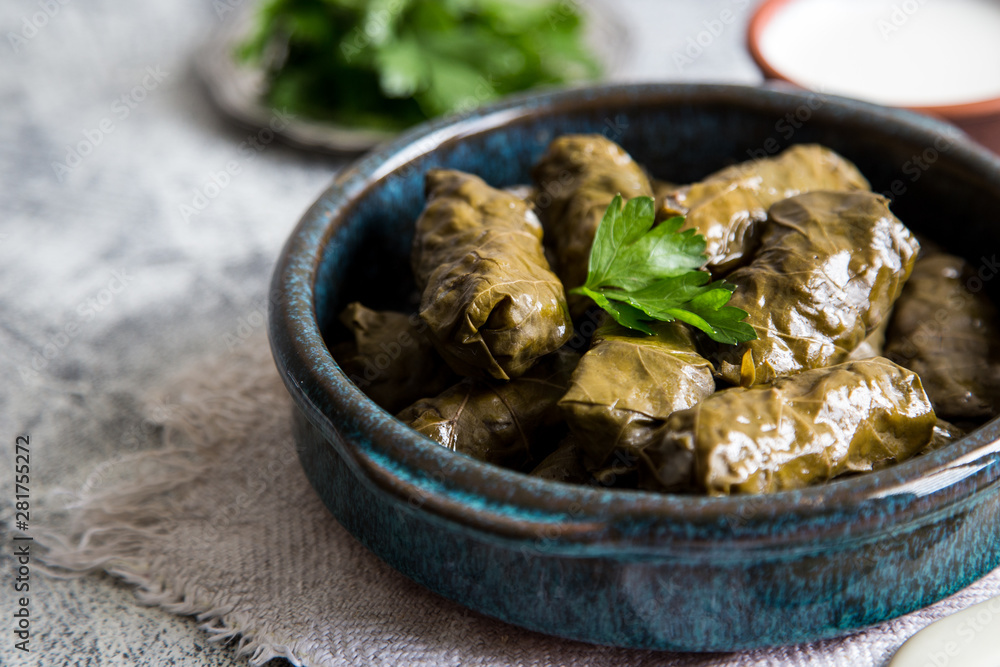 Traditional dolma (sarma) in grape leaves with copyspace. Lebanon turkish greek middle eastern cuisine. Dinner food dolmadakia Traditional dolma (sarma) in grape leaves with copyspace. Lebanon turkish greek middle eastern cuisine. Dinner food dolmadakia