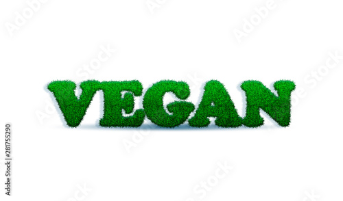 Word vegan made of green grass. Lawn grass, voluminous text. Healthy food, vegetarianism. Text eco-friendly, textural, modern. Isolated illustration on white background.