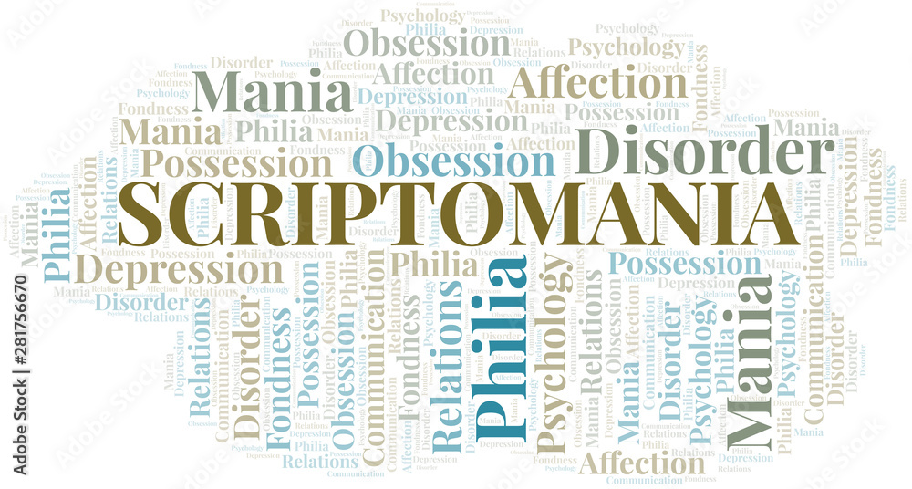 Fototapeta premium Scriptomania word cloud. Type of mania, made with text only.