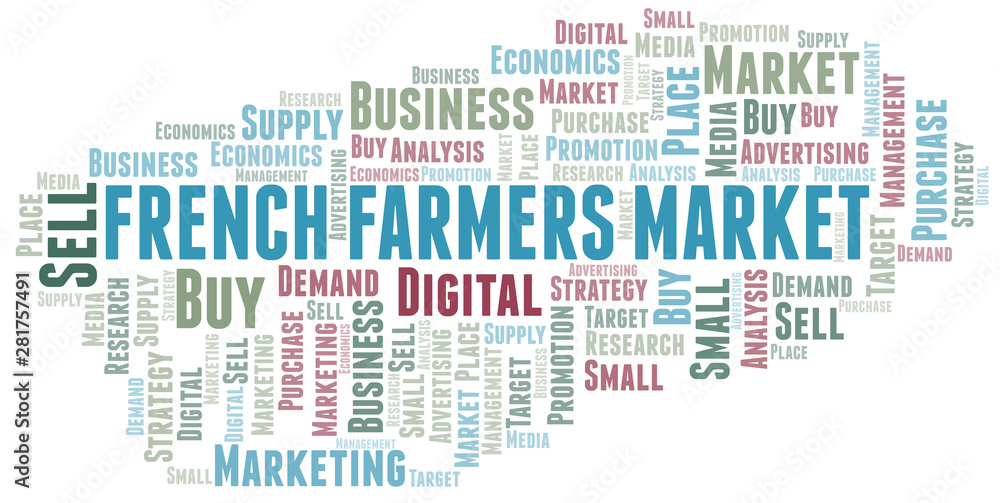 French Farmers Market word cloud. Vector made with text only.