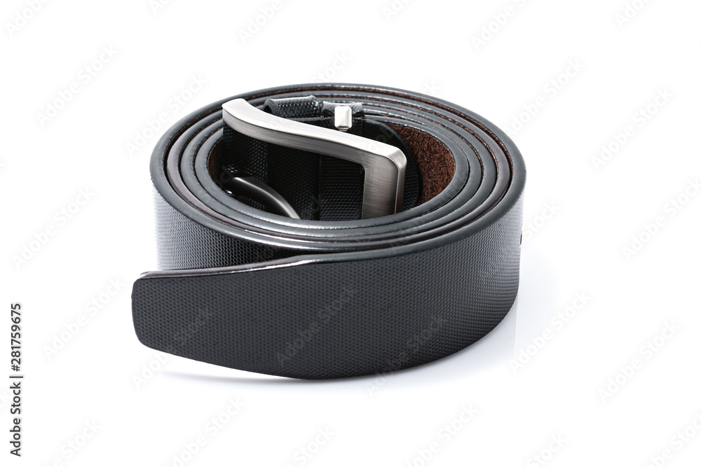 Black leather belt isolated on white background. Beauty and fashion concept. Black leather belt isolated on white background. Beauty and fashion concept.