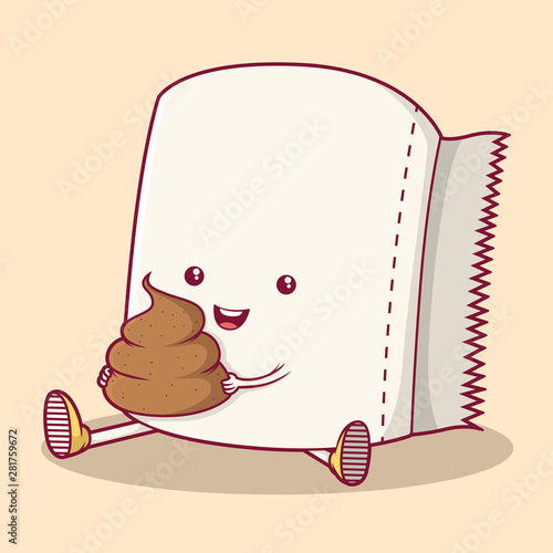 Toilet paper character holding poop vector illustration. Hygiene, emoticon, advertising, character design concept