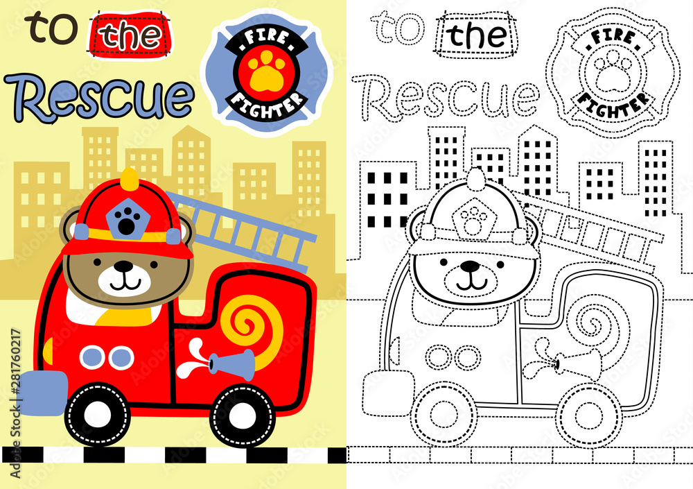Fototapeta premium vector cartoon of fire rescue, coloring book