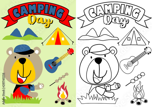 vector cartoon of bears camping day, coloring book