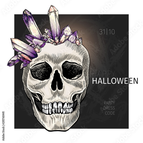 Halloween poster. Vector hand drawn human skull wearing crystal crown. Mineral amethyst or quartz stone. Body parts, bones. Skull frontal view. For greeting card, holiday celebration, flyer design
